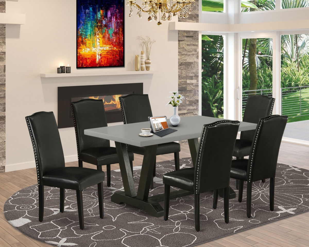 7 Piece V-Style Dining Room Table Set - Black & Cement