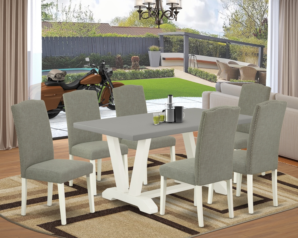 7 Piece V-Style Fashionable Dining Room Table Set - Dark Shitake, Cement & Linen White