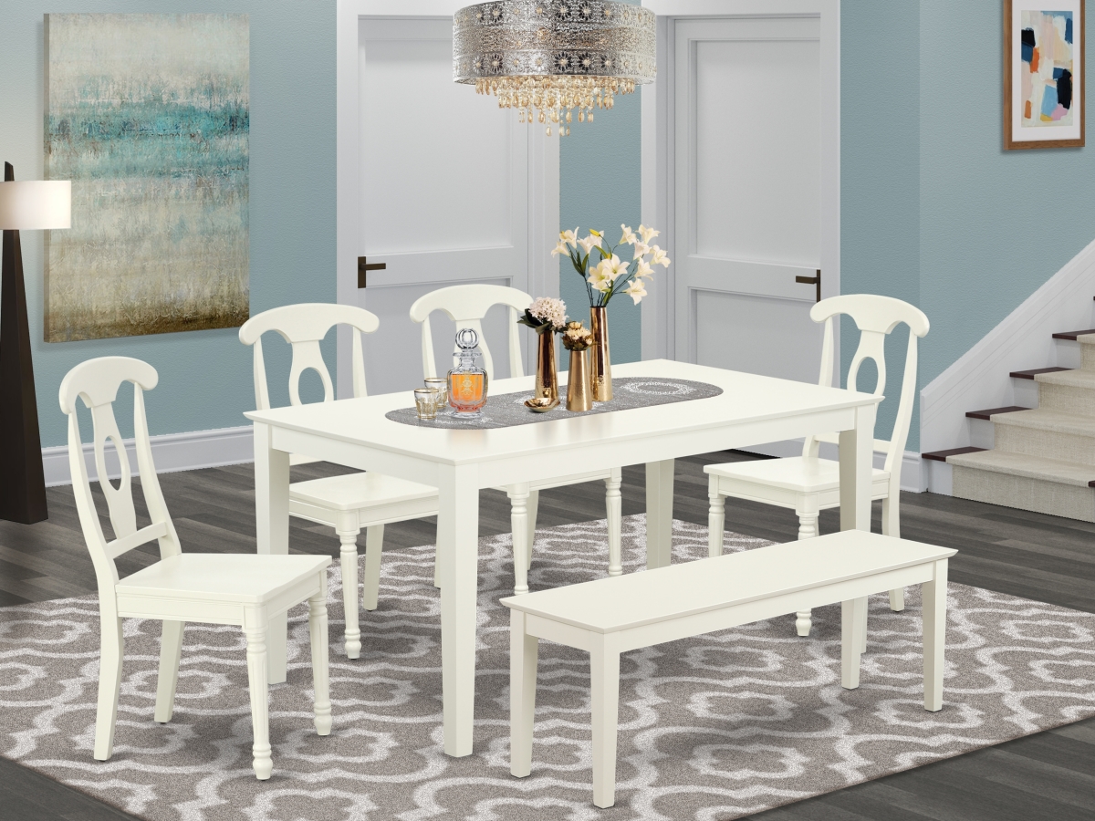 CAKE6-LWH-W 60 in. Capri Rectangular Table & 4 Panel Back Chairs Plus 1 Bench - Linen White, 6 Piece