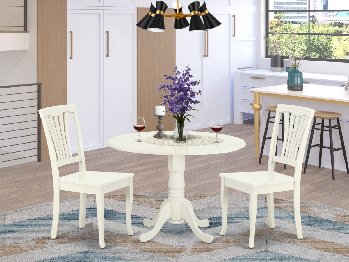 42 in. Dublin Round Table with Two 9 in. Drop Leaves & 2 Vertical Slatted Chairs - Linen White, 3 Piece
