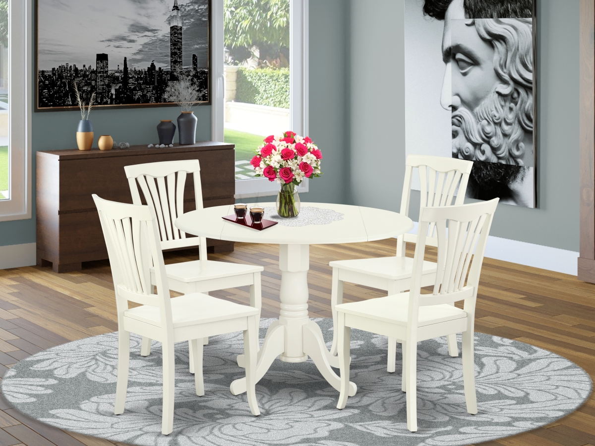 42 in. Dublin Round Table with Two 9 in. Drop Leaves & 4 Vertical Slatted Chairs - Linen White, 5 Piece