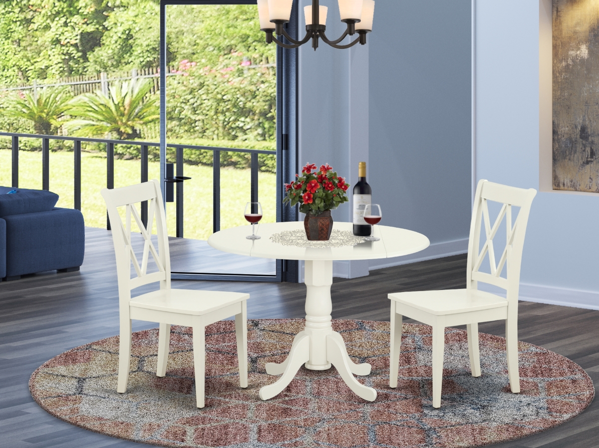 42 in. Dublin Round Table with Two 9 in. Drop Leaves & 2 Double X Back Chairs - Linen White, 3 Piece