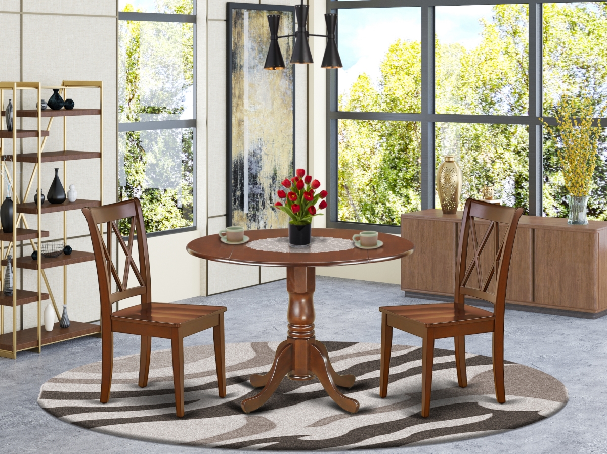 42 in. Dublin Round Table with Two 9 in. Drop Leaves & 2 Double X Back Chairs - Mahogany, 3 Piece
