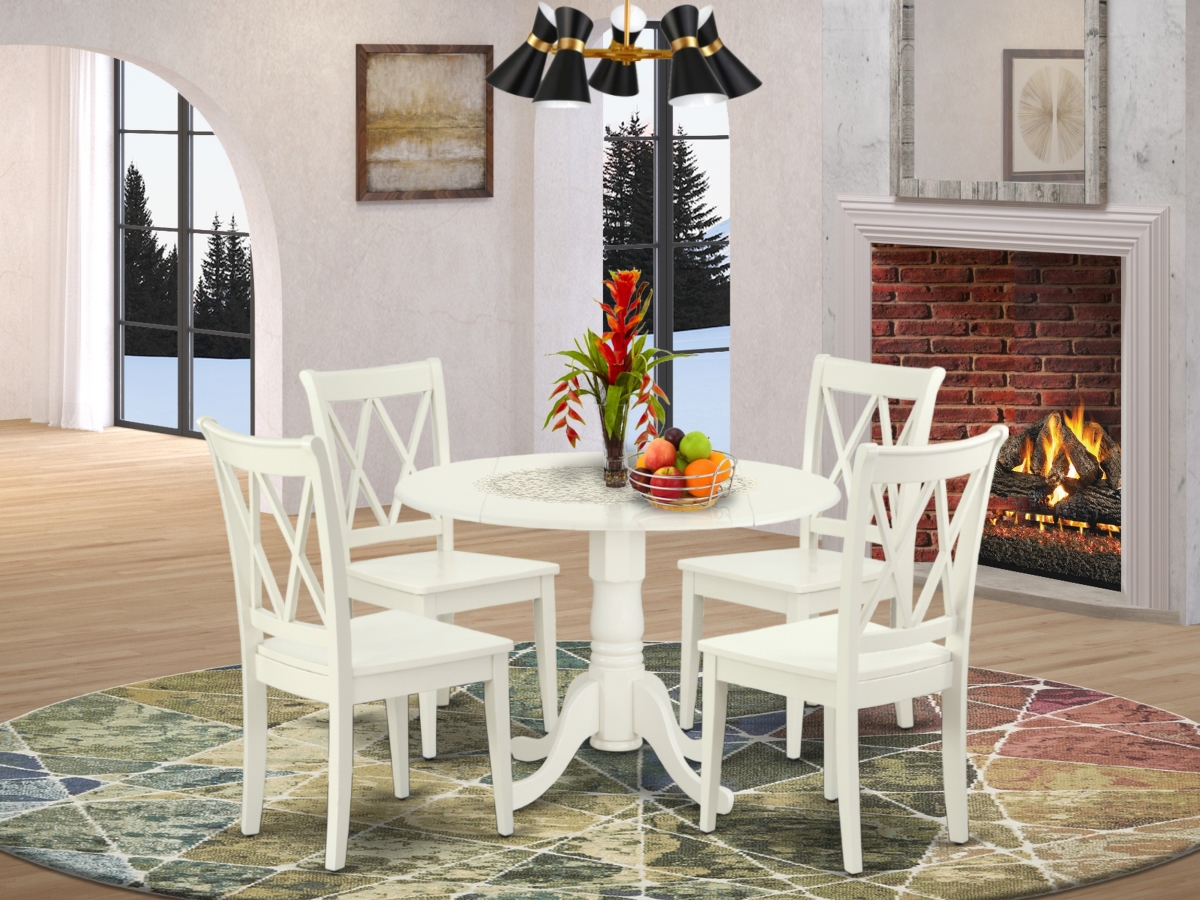 42 in. Dublin Round Table with Two 9 in. Drop Leaves & 4 Double X Back Chairs - Linen White, 5 Piece