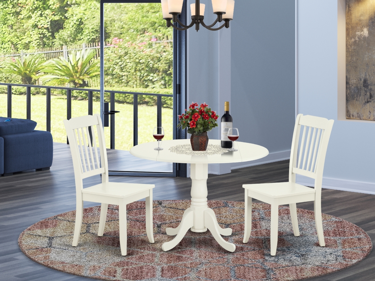 42 in. Dublin Round Table with Two 9 in. Drop Leaves & 2 Vertical Slatted Chairs - Linen White, 3 Piece