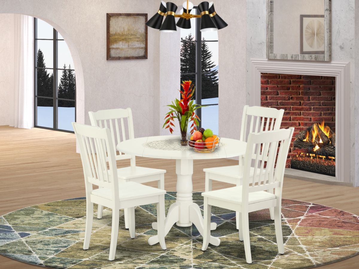 42 in. Dublin Round Table with Two 9 in. Drop Leaves & 4 Vertical Slatted Chairs - Linen White, 5 Piece