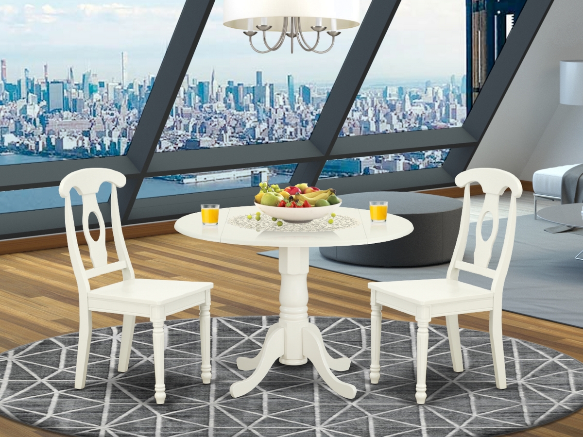 42 in. Dublin Round Table with Two 9 in. Drop Leaves & 2 Panel Back Chairs - Linen White, 3 Piece