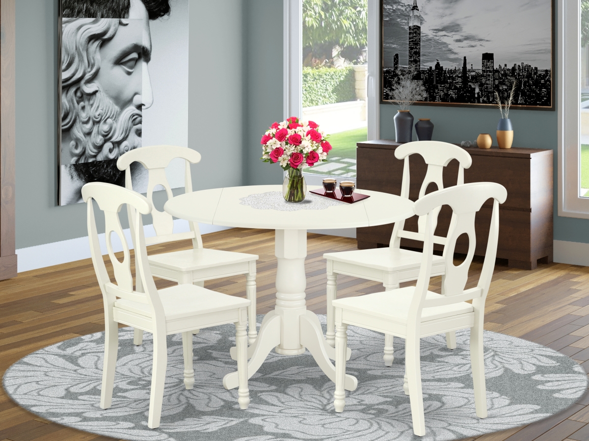 42 in. Dublin Round Table with Two 9 in. Drop Leaves & 4 Panel Back Chairs - Linen White, 5 Piece