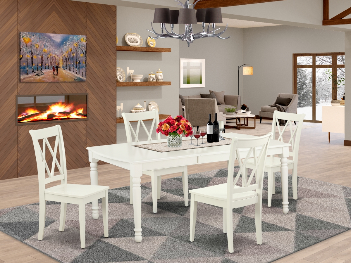 DOCL5-LWH-W 60-78 in. Dover Rectangular Table with 18 in. Leaf & 4 Double X Back Chairs - Linen White, 5 Piece