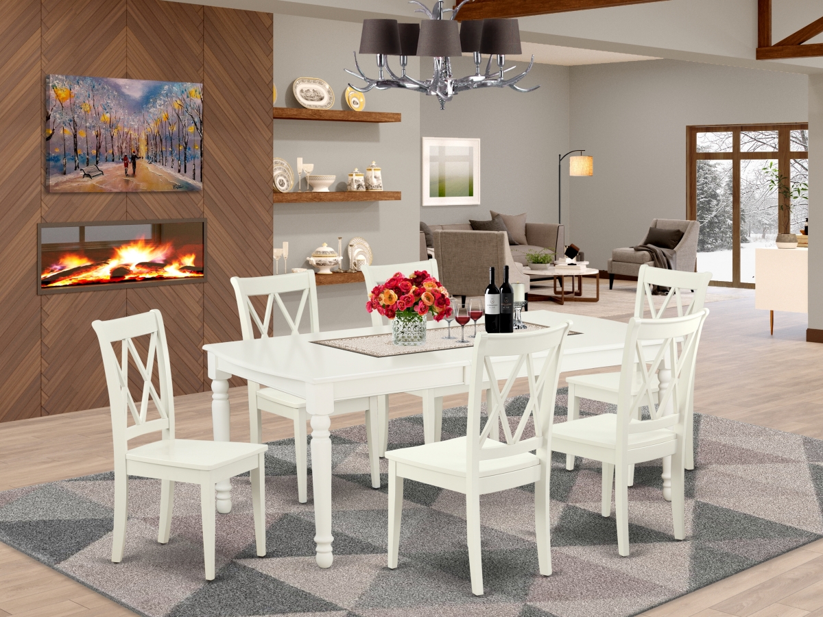 60-78 in. Dover Rectangular Table with 18 in. Leaf & 6 Double X Back Chairs - Linen White, 7 Piece