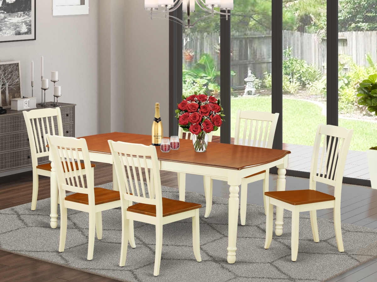 DODA7-BMK-W 60-78 in. Dover Rectangular Table with 18 in. Leaf & 6 Vertical Slatted Chairs - Buttermilk & Cherry, 7 Piece