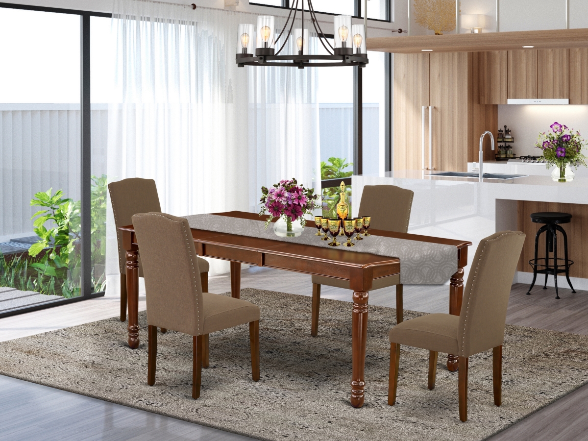 60-78 in. Dover Rectangular Table with 18 in. Leaf & Four Parson Chair with Mahogany Leg & Linen Fabric - Dark Coffee, 5 Piece