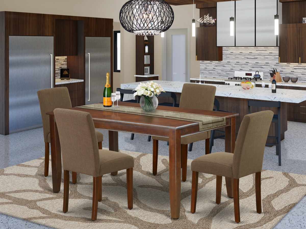 60 in. Dudley Rectangle Dining Table & Four Parson Chair with Mahogany Leg & Linen Fabric - Coffee, 5 Piece