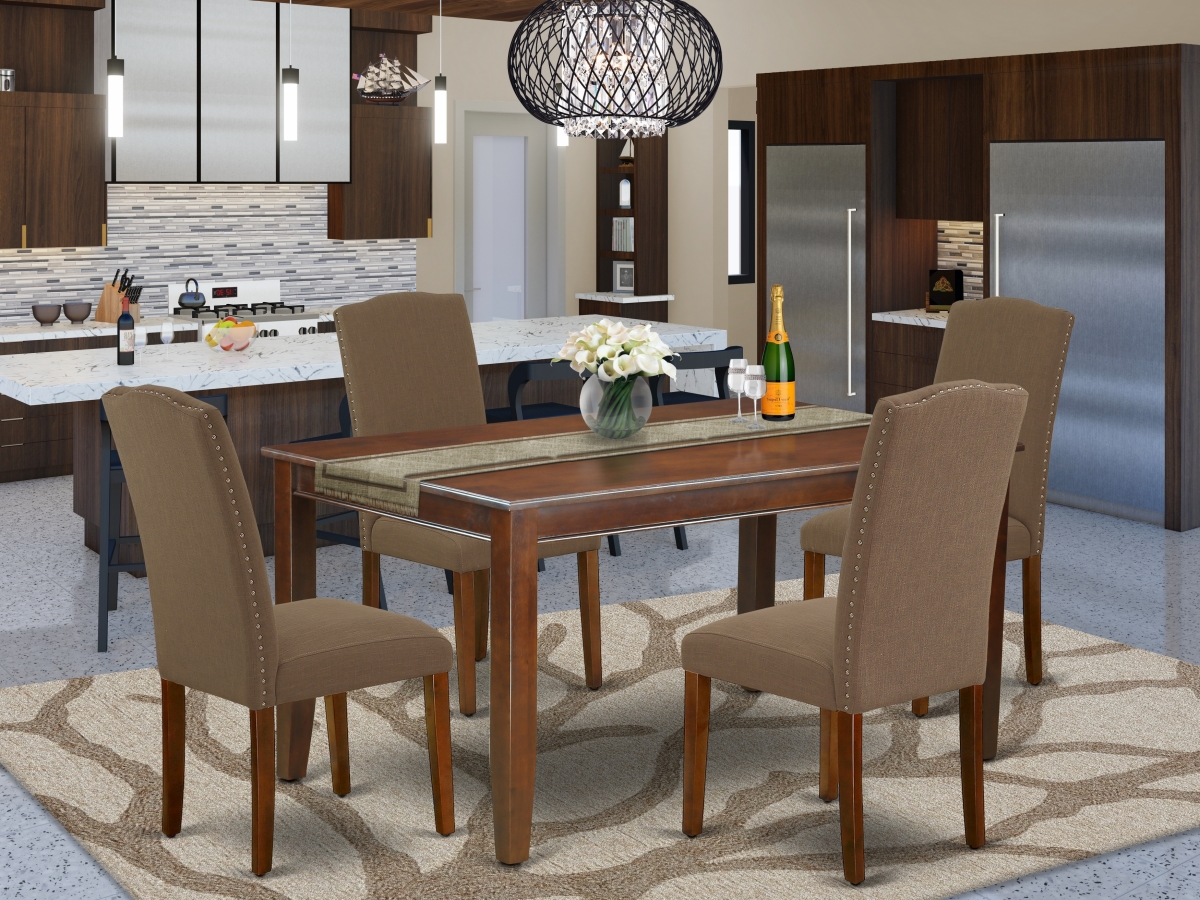 60 in. Dudley Rectangle Dining Table & Four Parson Chair with Mahogany Leg & Linen Fabric - Dark Coffee, 5 Piece
