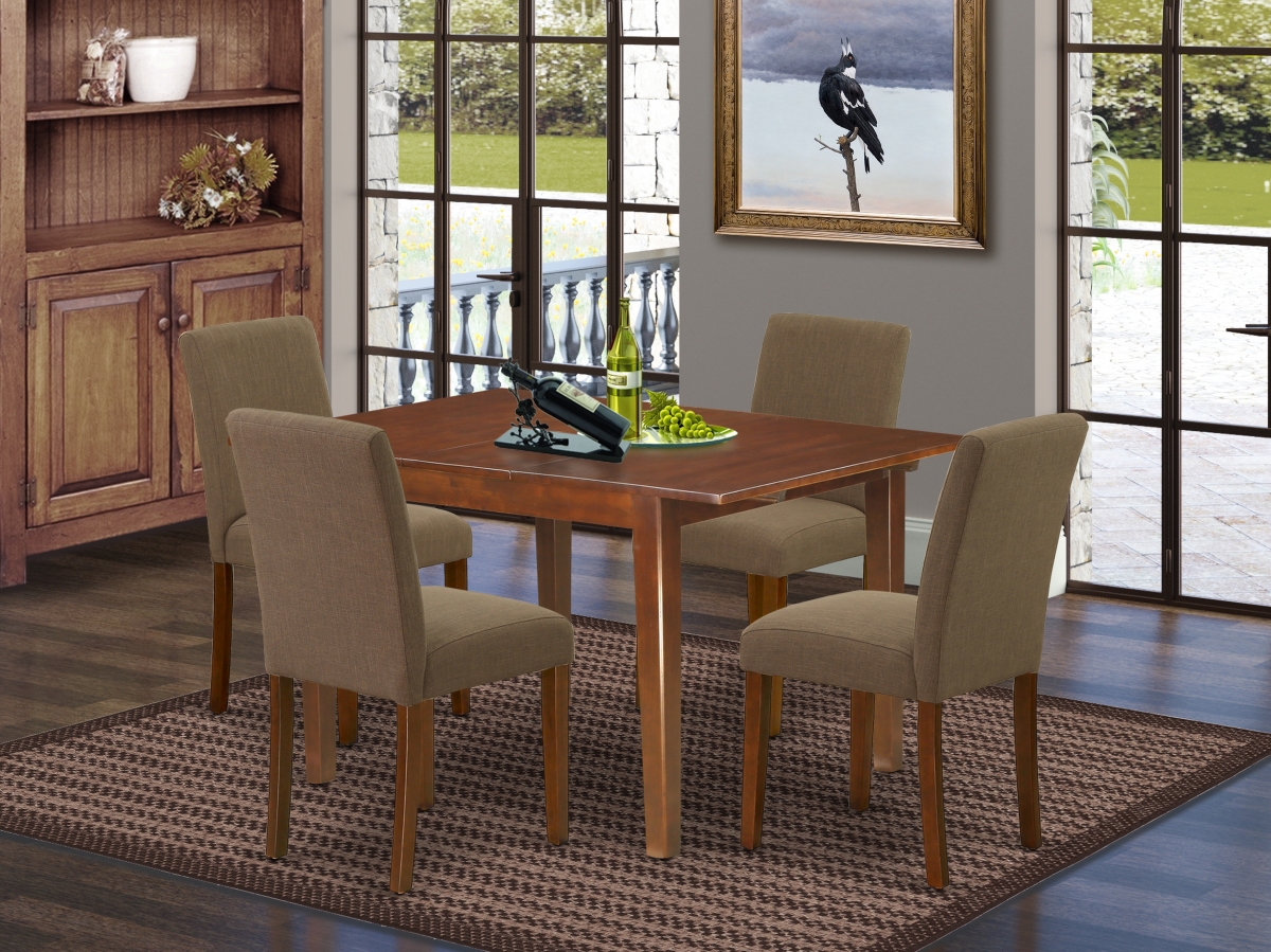 42 & 53.5 in. Norfolk Rectangle Dinette Table with 12 in. Leaf & Four Parson Chair with Mahogany Leg & Linen Fabric - Coffee, 5 Piece