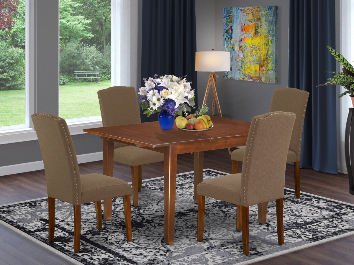 42 & 53.5 in. Norfolk Rectangle Dinette Table with 12 in. Leaf & Four Parson Chair with Mahogany Leg & Linen Fabric - Dark Coffee, 5 Piece