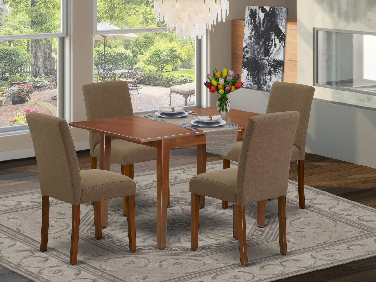 48-60 in. Picasso Rectangle Kitchen Table with 12 in. Butterfly Leaf & 4 Parson Chair with Mahogany Leg & Linen Fabric - Coffee, 5 Piece