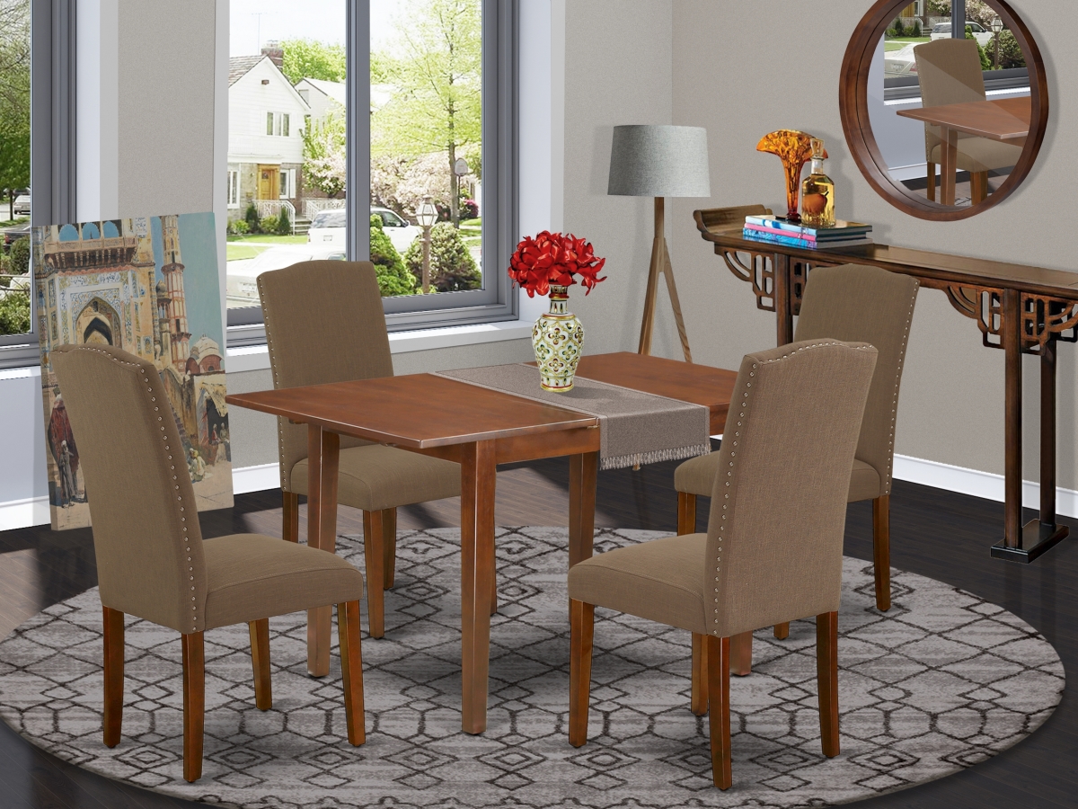 48-60 in. Picasso Rectangle Kitchen Table with 12 in. Butterfly Leaf & 4 Parson Chair with Mahogany Leg & Linen Fabric - Dark Coffee, 5 Piece