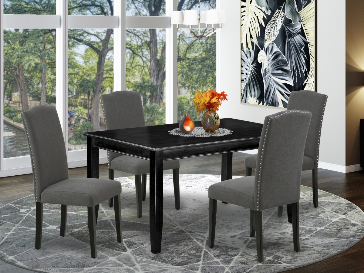 DUEN5-BLK-20 60 in. Dudley Rectangle Dining Table & Four Parson Chair with Black Leg & Linen Fabric - Dark Gotham Gray, 5 Piece
