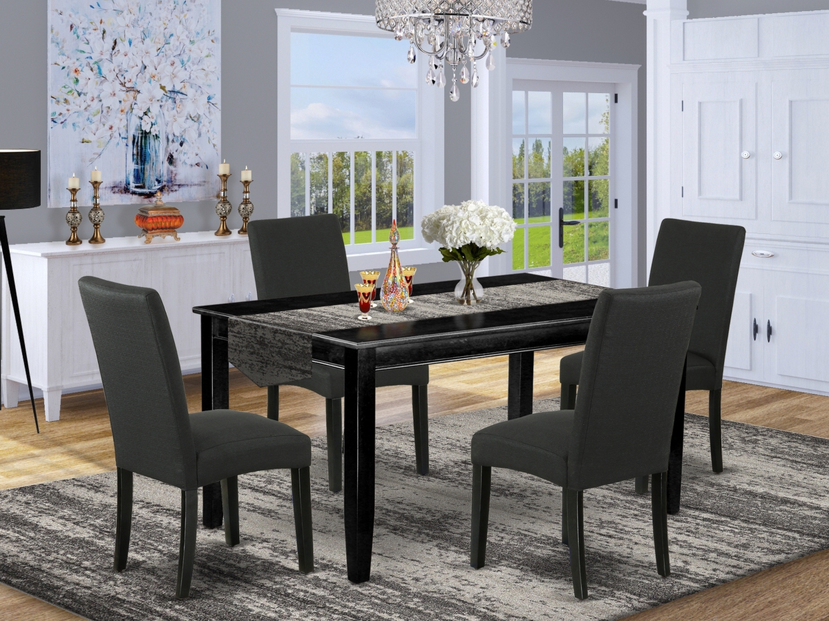 60 in. Dudley Rectangle Dining Table & Four Parson Chair with Black Leg & Linen Fabric - Black, 5 Piece