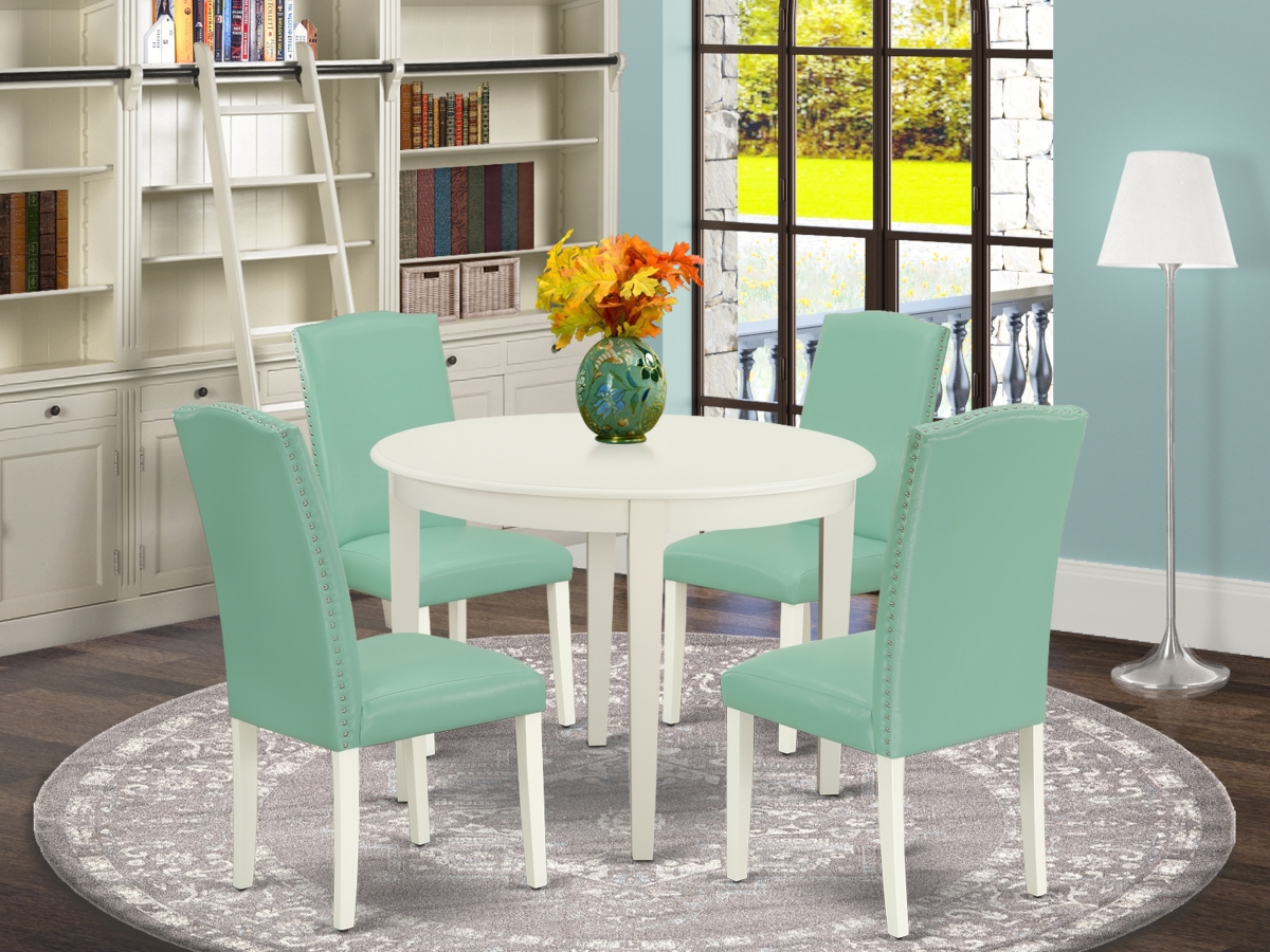 42 in. Boston Round Kitchen Table & Four Parson Chair with Linen White Leg & Pu Leather - Pond, 5 Piece