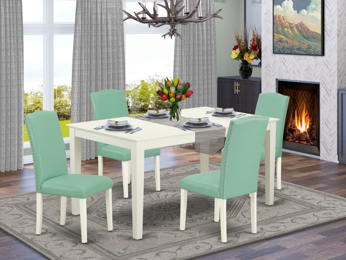 60 in. Capri Rectangle Dining Room Table & 4 Parson Chair with Linen White Leg & Pu Leather - Pond, 5 Piece