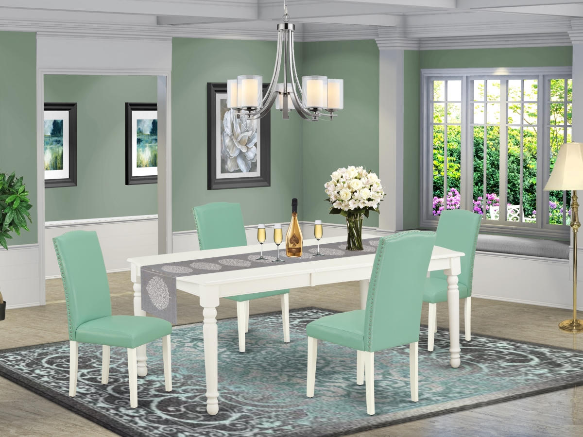 DOEN5-LWH-57 60-78 in. Dover Rectangular Table with 18 in. Leaf & Four Parson Chair with Linen White Leg & Pu Leather - Pond, 5 Piece