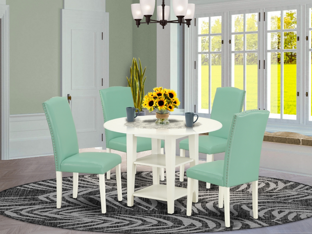 20-42 in. Sudbury Round Dining Room Table with Two 11 in. Drop Leaves & Four Parson Chair with Linen White Leg & Pu Leather - Pond, 5 Piece