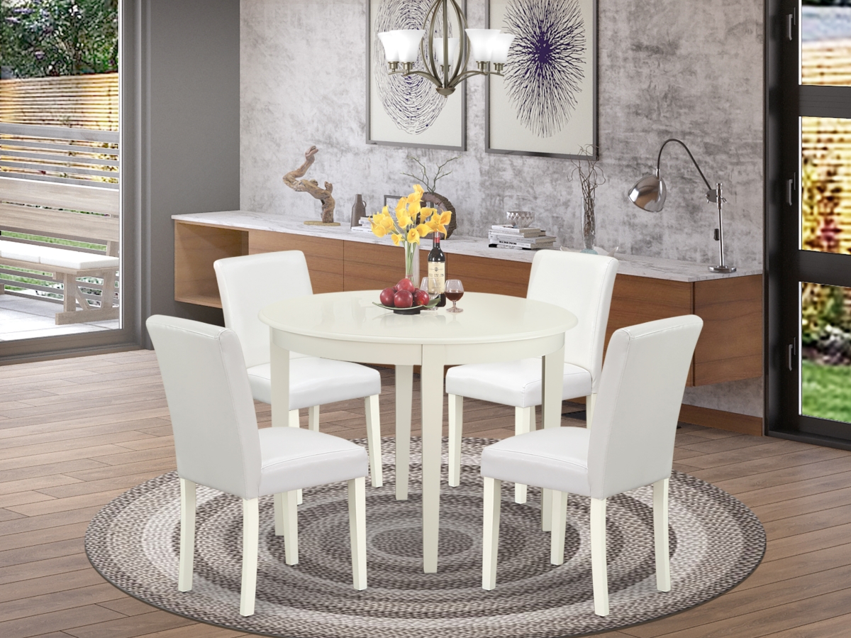 42 in. Boston Round Kitchen Table & Four Parson Chair with Linen White Leg & Pu Leather - White, 5 Piece