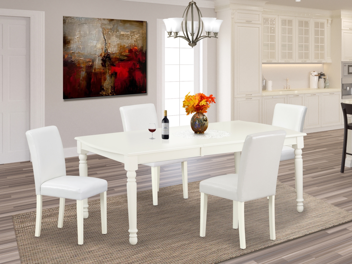 60-78 in. Dover Rectangular Table with 18 in. Leaf & Four Parson Chair with Linen White Leg & Pu Leather - White, 5 Piece