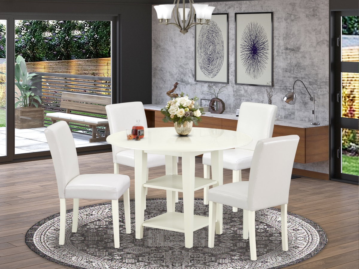 20-42 in. Sudbury Round Dining Room Table with Two 11 in. Drop Leaves & Four Parson Chair with Linen White Leg & Pu Leather - White, 5 Piece