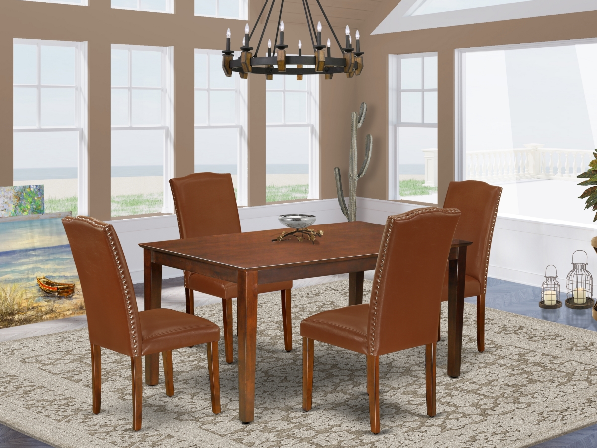 CAEN5-MAH-66 60 in. Capri Rectangle Dining Room Table & 4 Parson Chair with Mahogany Leg & Brown Flaux Leather, 5 Piece