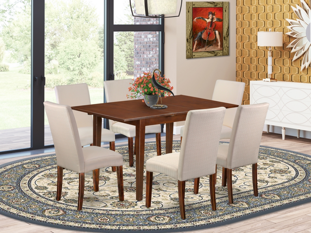 PSDR7-MAH-01 48-60 in. Picasso Rectangle Dining Table & 6 Parson Chair with Mahogany Leg & Linen Fabric - Cream, 7 Piece