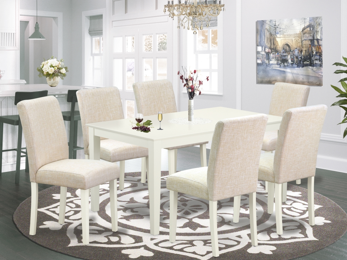 CAAB7-LWH-02 60 in. Capri Rectangle Dining Table & 6 Parson Chair with Linen White Leg & Linen Fabric - Light Beige, 7 Piece