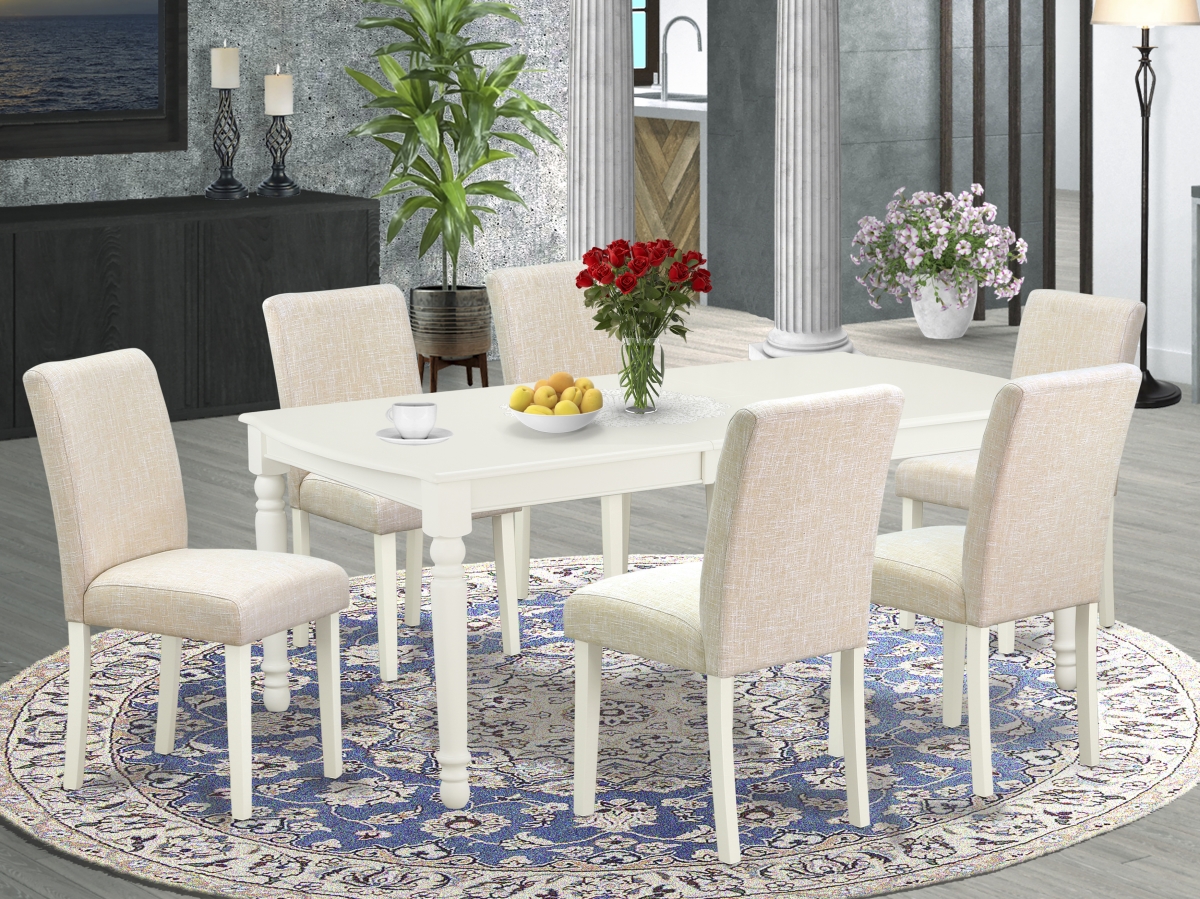 60-78 in. Dover Rectangle Table with 18 in. Leaf & 6 Parson Chair with Linen White Leg & Linen Fabric - Light Beige, 7 Piece