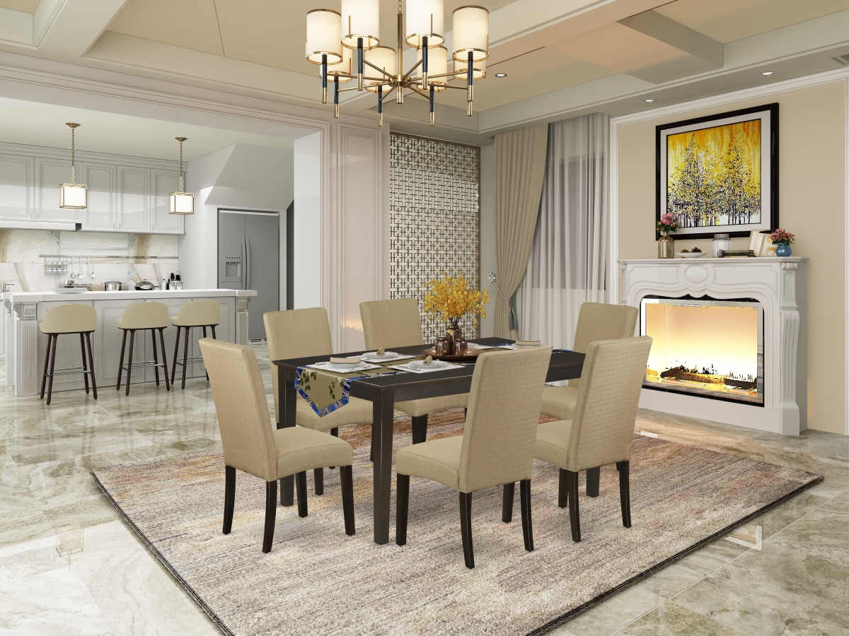 60 in. Capri Rectangle Dining Table & 6 Parson Chair with Cappuccino Leg & Linen Fabric - Brown, 7 Piece