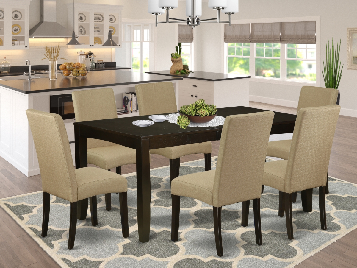 LYDR7-CAP-03 48-60 in. Lynfield Rectangular Table & Six Parson Chair with Cappuccino Leg & Linen Fabric - Brown, 6 Piece