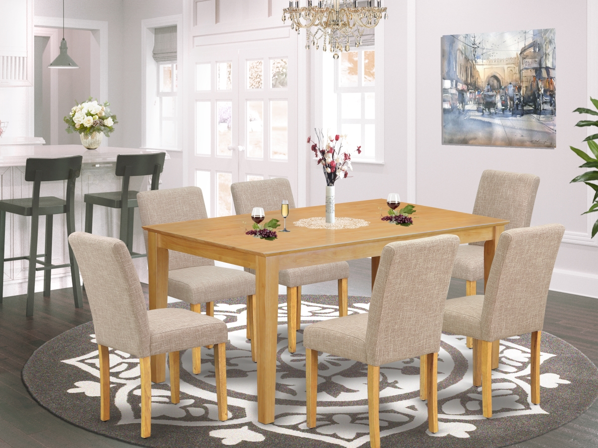 CAAB7-OAK-04 60 in. Capri Rectangle Dining Table & 6 Parson Chair with Oak Leg & Linen Fabric - Light Fawn, 7 Piece