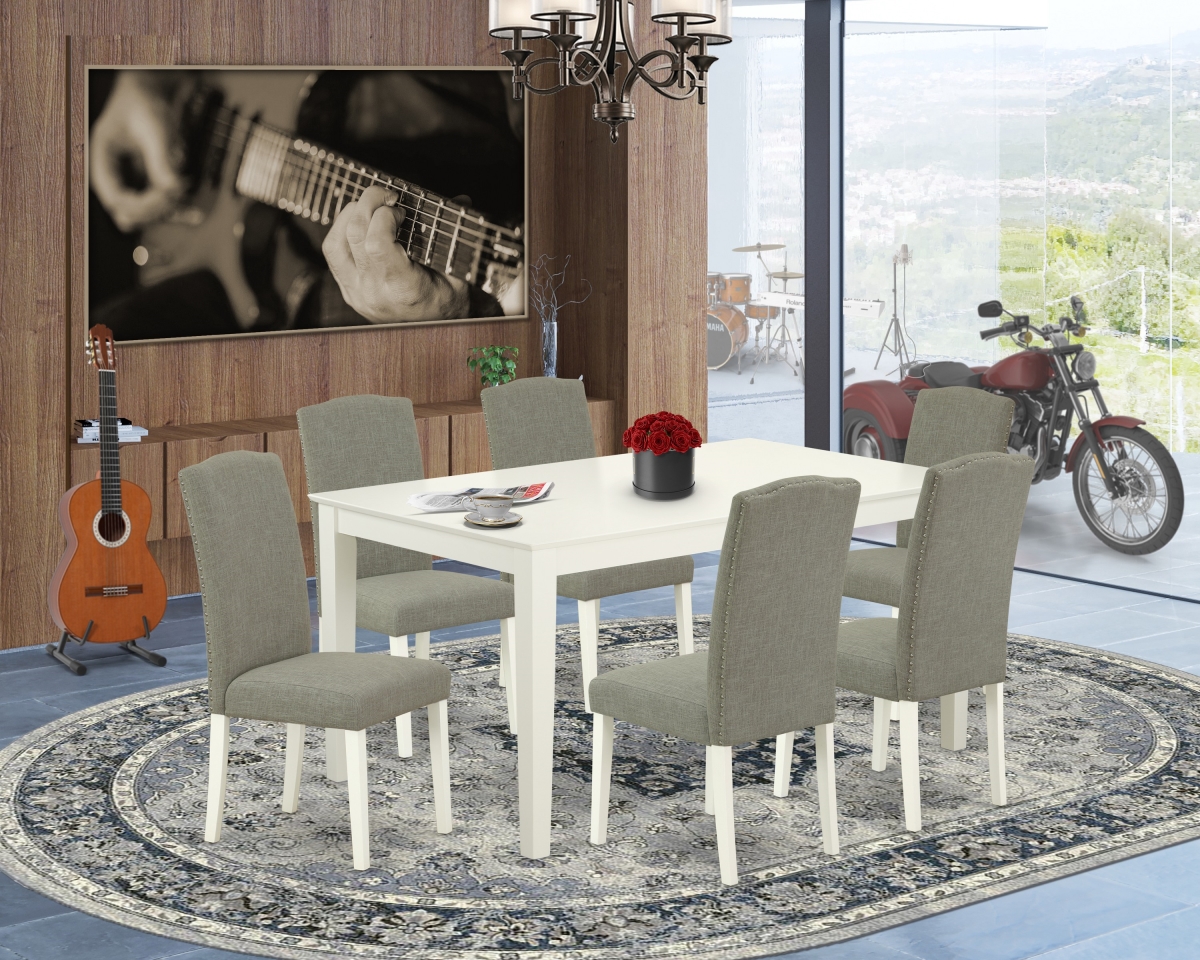60 in. Capri Rectangle Dining Table & 6 Parson Chair with Linen White Leg & Linen Fabric - Dark Shitake, 7 Piece