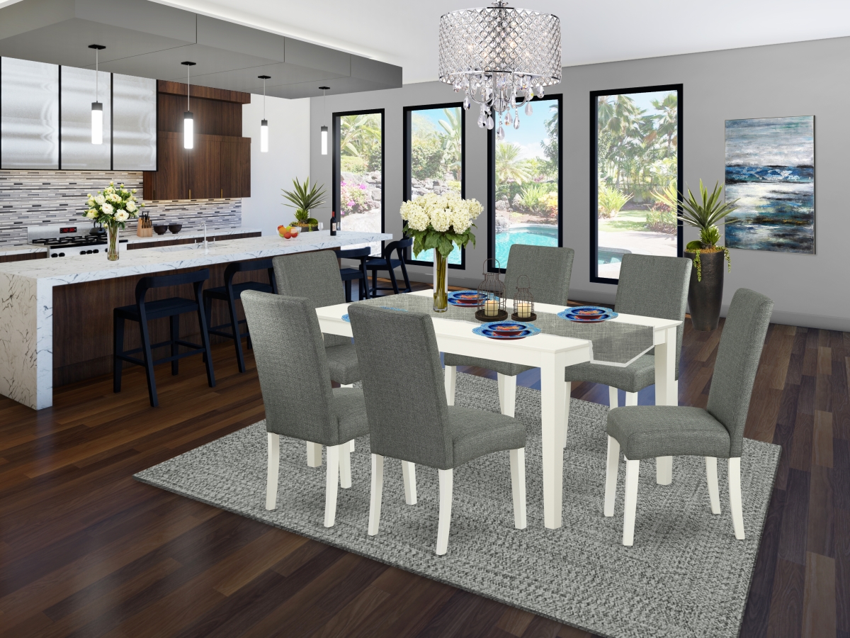 CADR7-LWH-07 60 in. Capri Rectangle Dining Table & 6 Parson Chair with Linen White Leg & Linen Fabric - Gray, 7 Piece