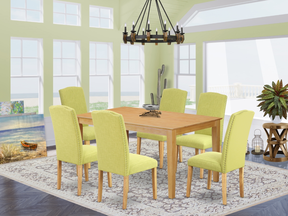 60 in. Capri Rectangle Dining Table & 6 Parson Chair with Oak Leg & Linen Fabric - Limelight, 7 Piece