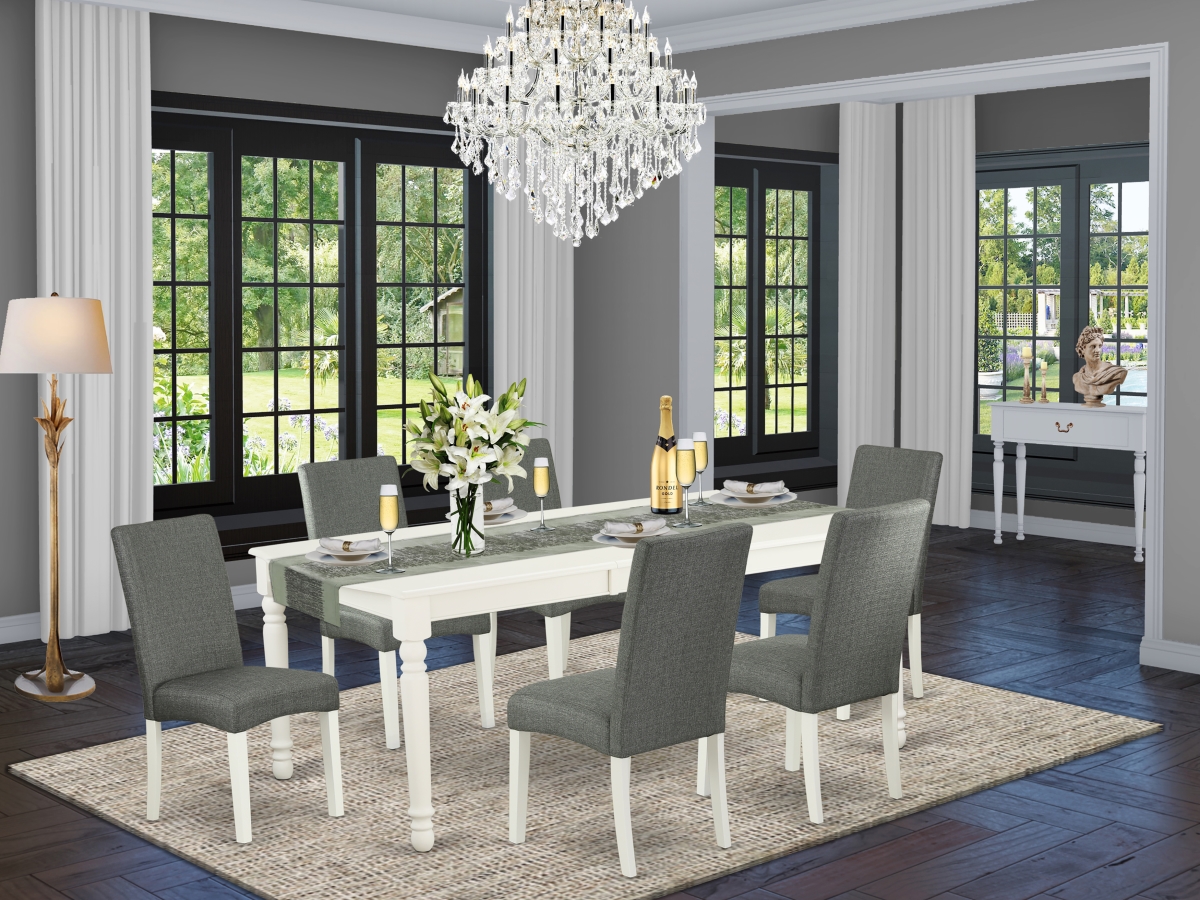 60-78 in. Dover Rectangle Table with 18 in. Leaf & 6 Parson Chair with Linen White Leg & Linen Fabric - Gray, 7 Piece