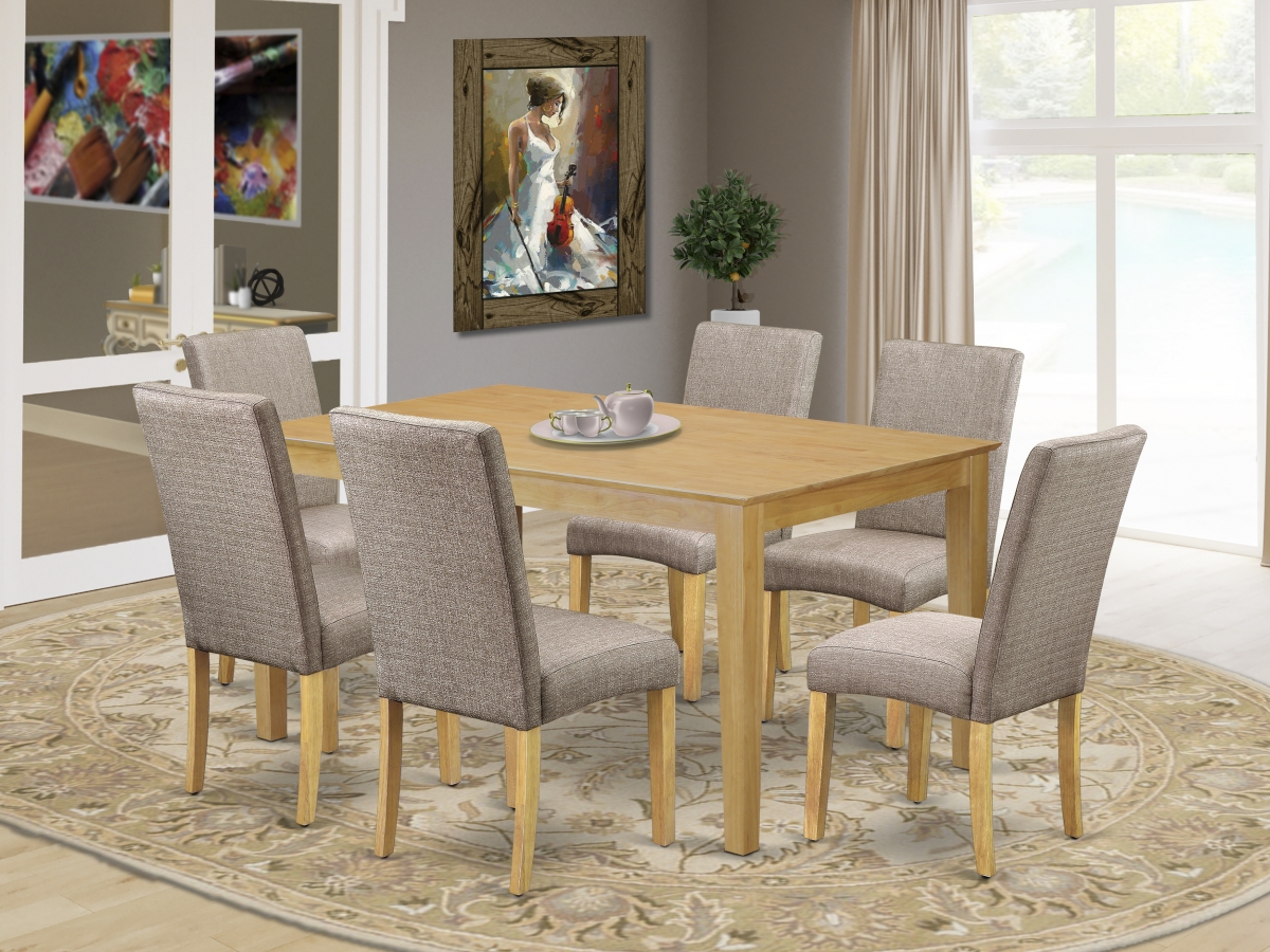 CADR7-OAK-16 60 in. Capri Rectangle Dining Table & 6 Parson Chair with Oak Leg & Linen Fabric - Dark Khaki, 7 Piece