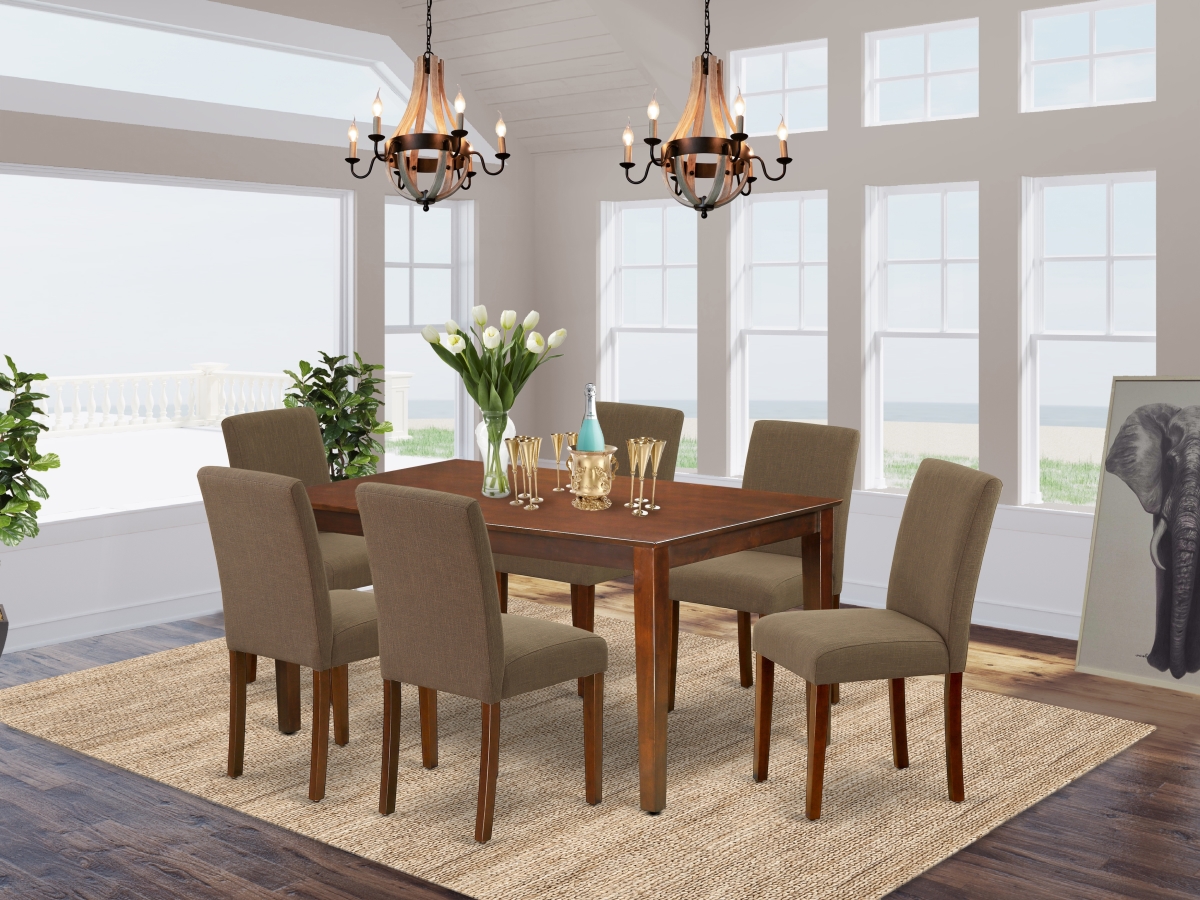 60 in. Capri Rectangle Dining Table & 6 Parson Chair with Mahogany Leg & Linen Fabric Coffee, 7 Piece