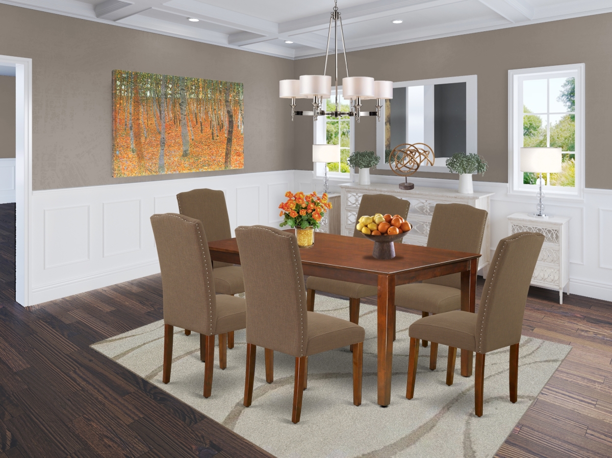 60 in. Capri Rectangle Dining Table & 6 Parson Chair with Mahogany Leg & Linen Fabric Dark Coffee, 7 Piece