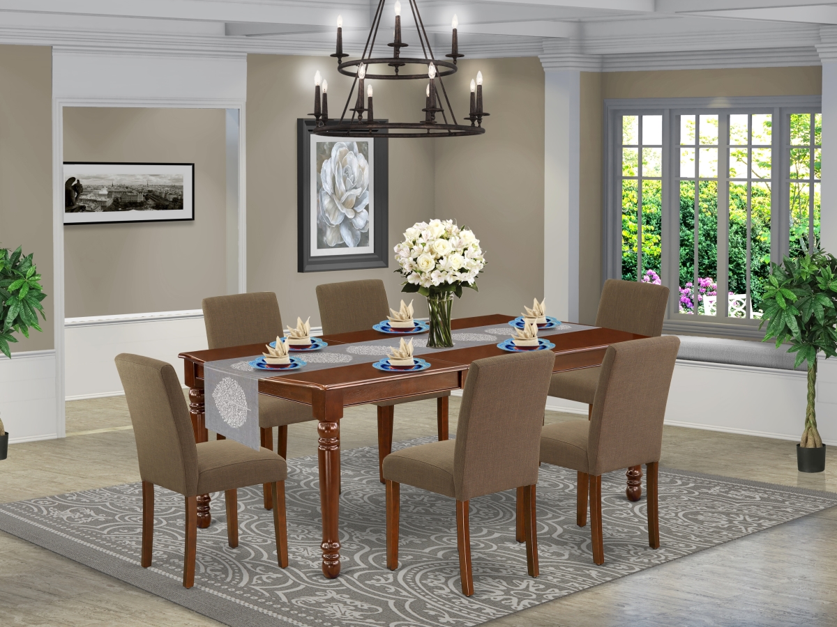 60-78 in. Dover Rectangle Table with 18 in. Leaf & 6 Parson Chair with Mahogany Leg & Linen Fabric - Coffee, 7 Piece