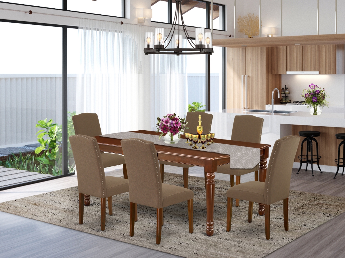 60-78 in. Dover Rectangle Table with 18 in. Leaf & 6 Parson Chair with Mahogany Leg & Linen Fabric - Dark Coffee, 7 Piece