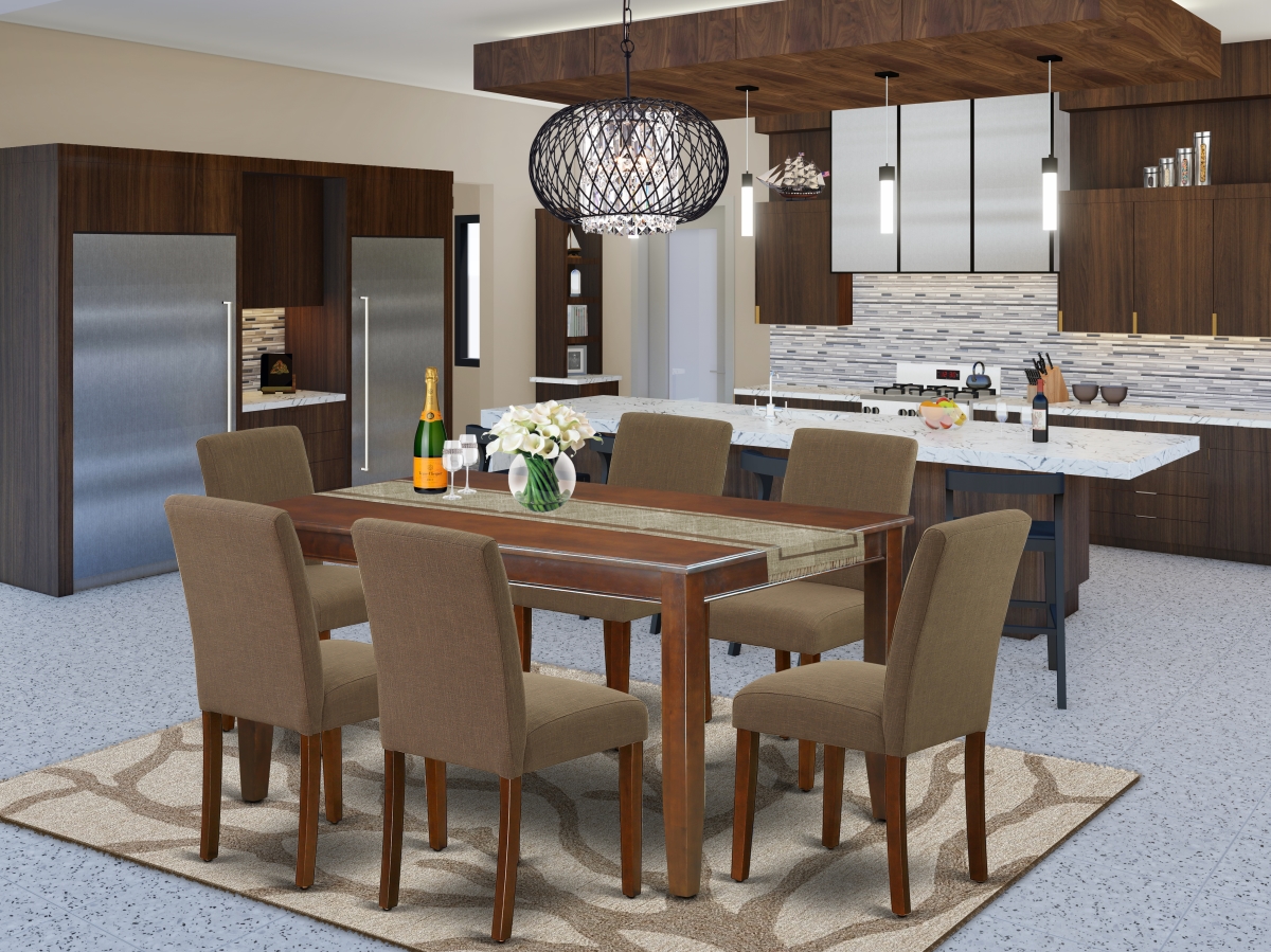 DUAB7-MAH-18 60 in. Dudley Rectangular Dining Table & Six Parson Chair with Mahogany Leg & Linen Fabric - Coffee, 7 Piece