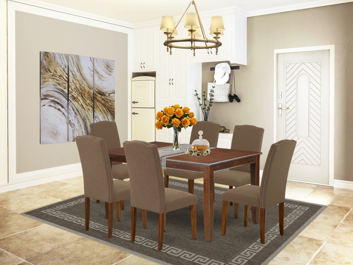 DUEN7-MAH-18 60 in. Dudley Rectangular Dining Table & Six Parson Chair with Mahogany Leg & Linen Fabric - Dark Coffee, 7 Piece