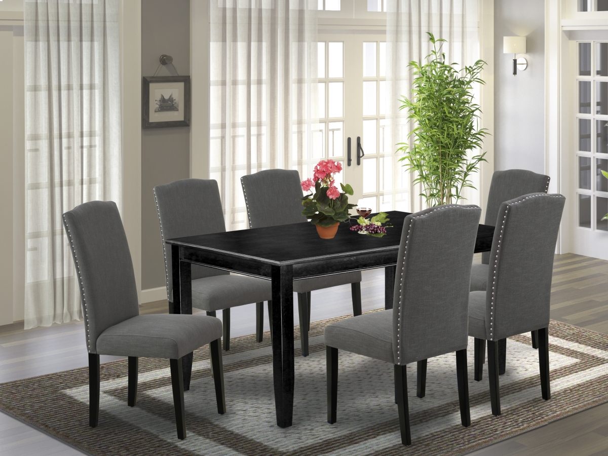 DUEN7-BLK-20 60 in. Dudley Rectangular Dining Table & Six Parson Chair with Black Leg & Linen Fabric - Dark Gotham Gray, 7 Piece